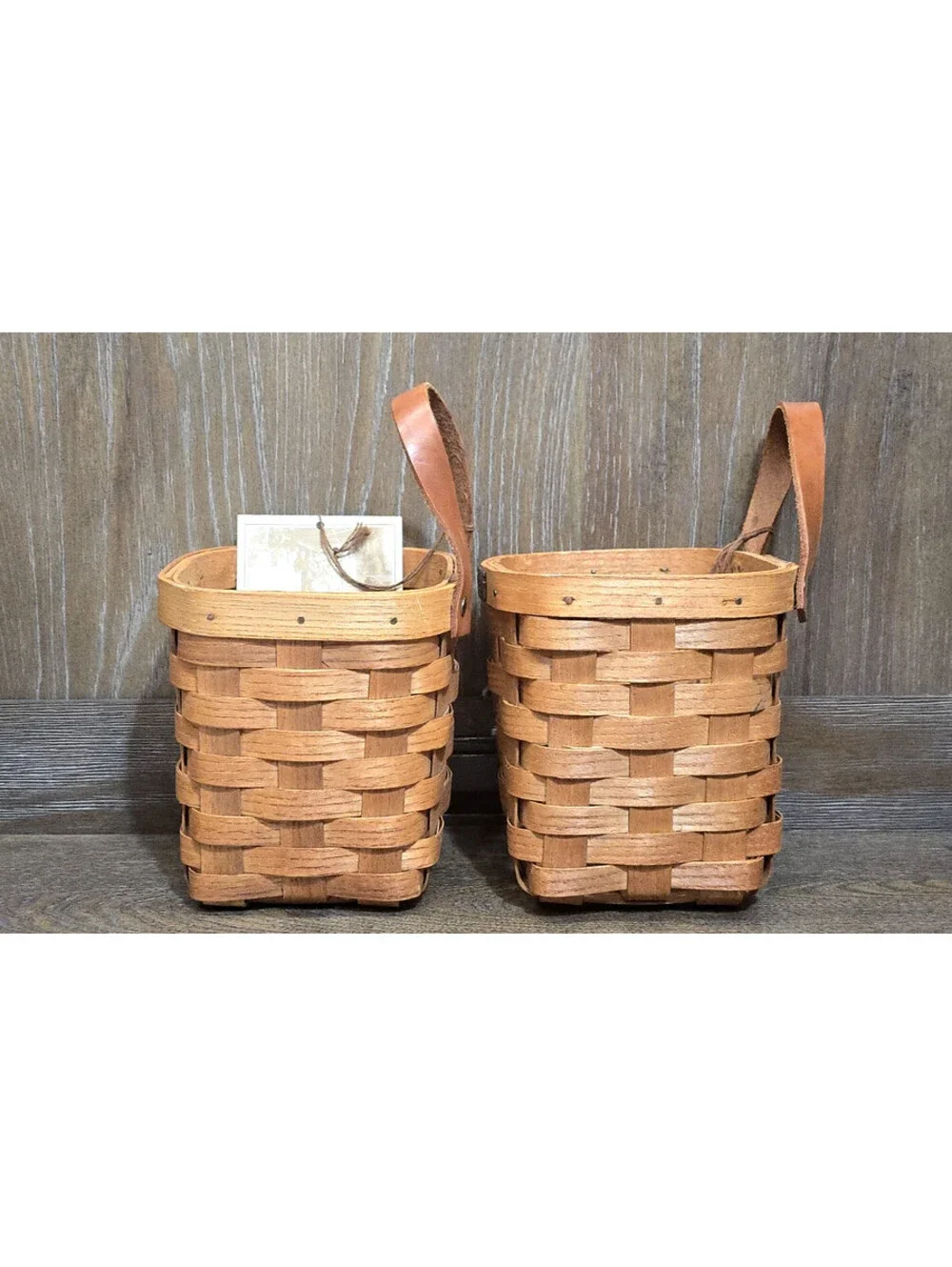 2 pc Petersboro Basket Company Wall hanging Leather Handle 5 x 5 x 5.5